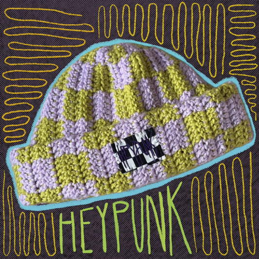 green and lavender checkered beanie