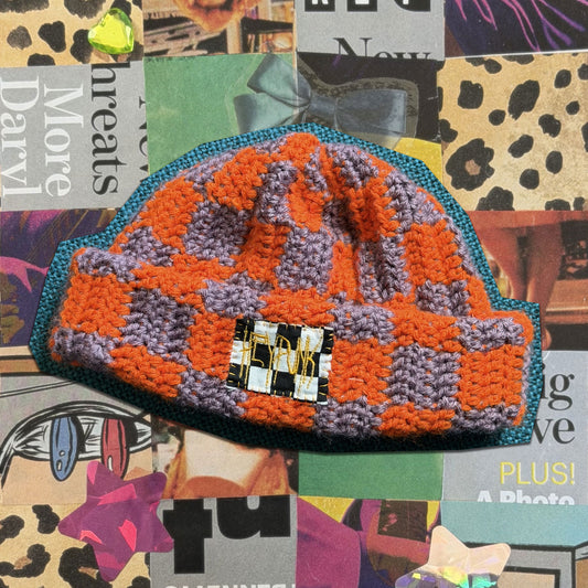😈 orange and purple checkered beanie 😈